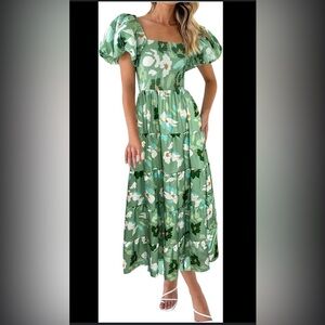 DELI S Puffy Short Sleeve Square Neck Smocked Tiered Ruffle Midi Dress SIZE 6